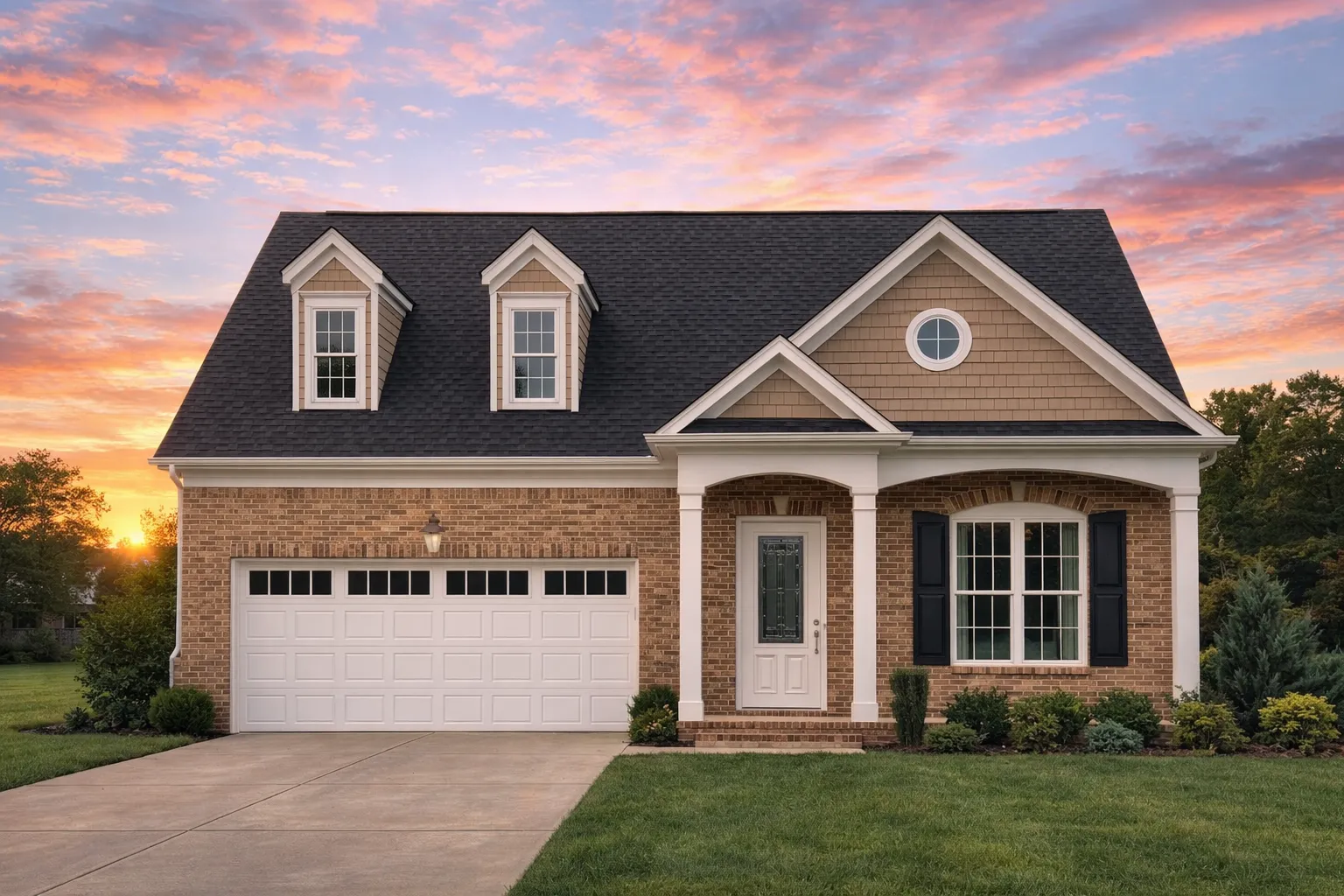Front view of a Traditional Suburban style house featuring brick and siding exterior, dormers, and a covered porch