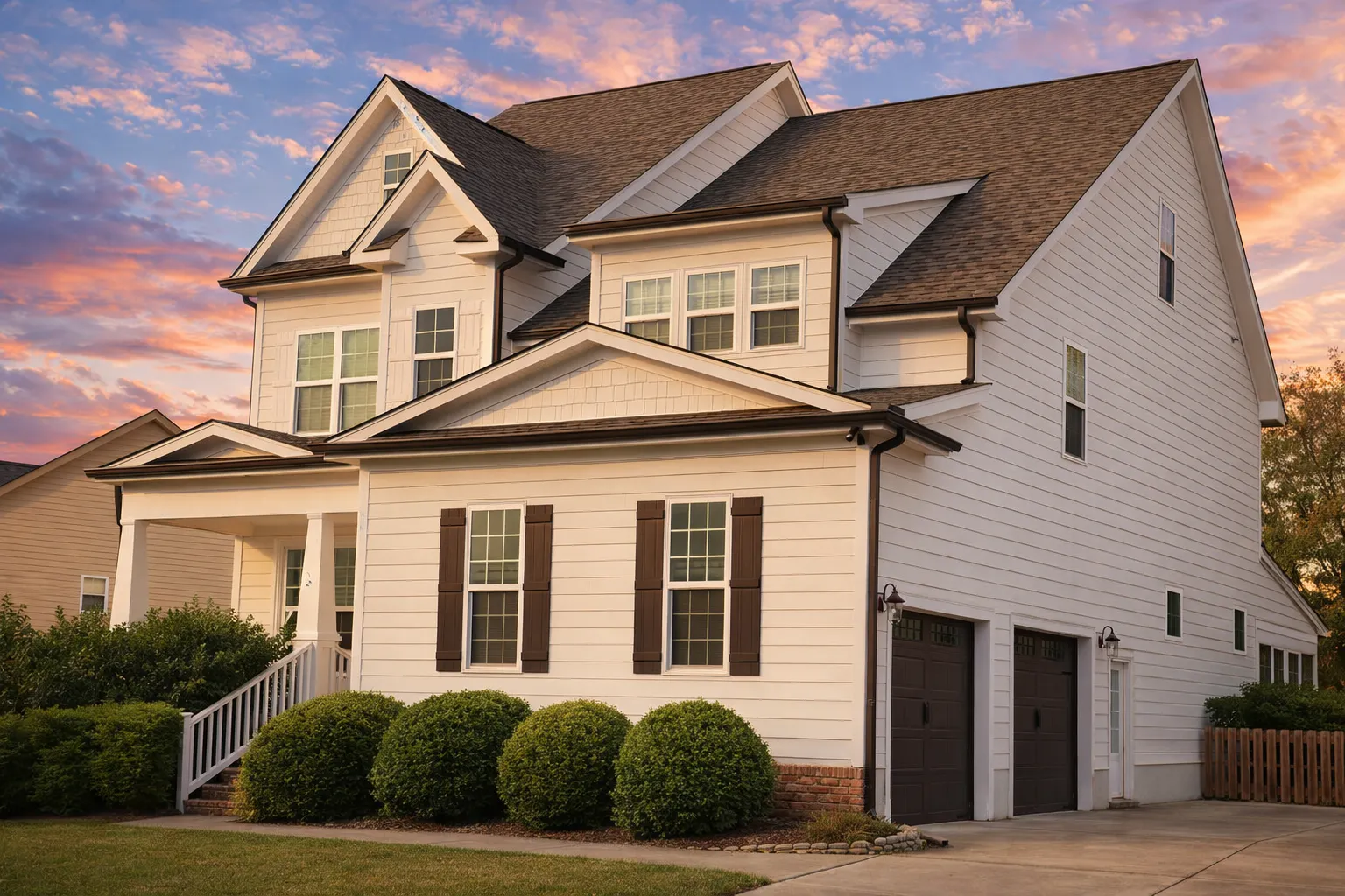 Front elevation of a New American Craftsman style home featuring stone accents, horizontal siding, steep gabled rooflines, and a double garage