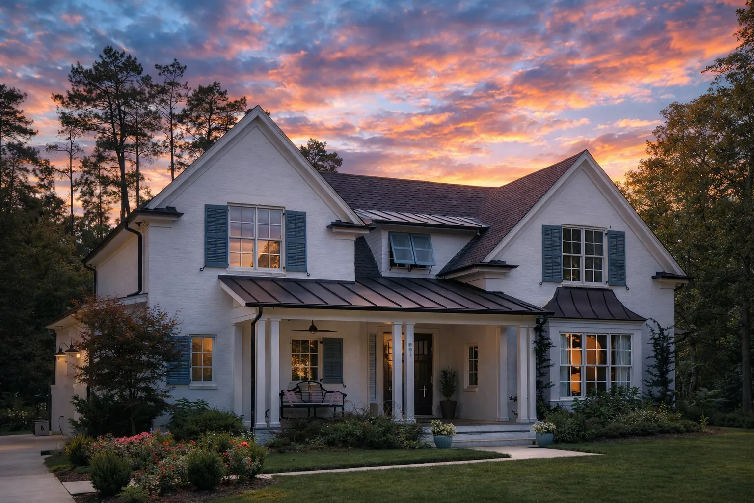 Front elevation of a Traditional Colonial brick home with symmetrical windows, stone foundation accents, and standing seam metal porch roof