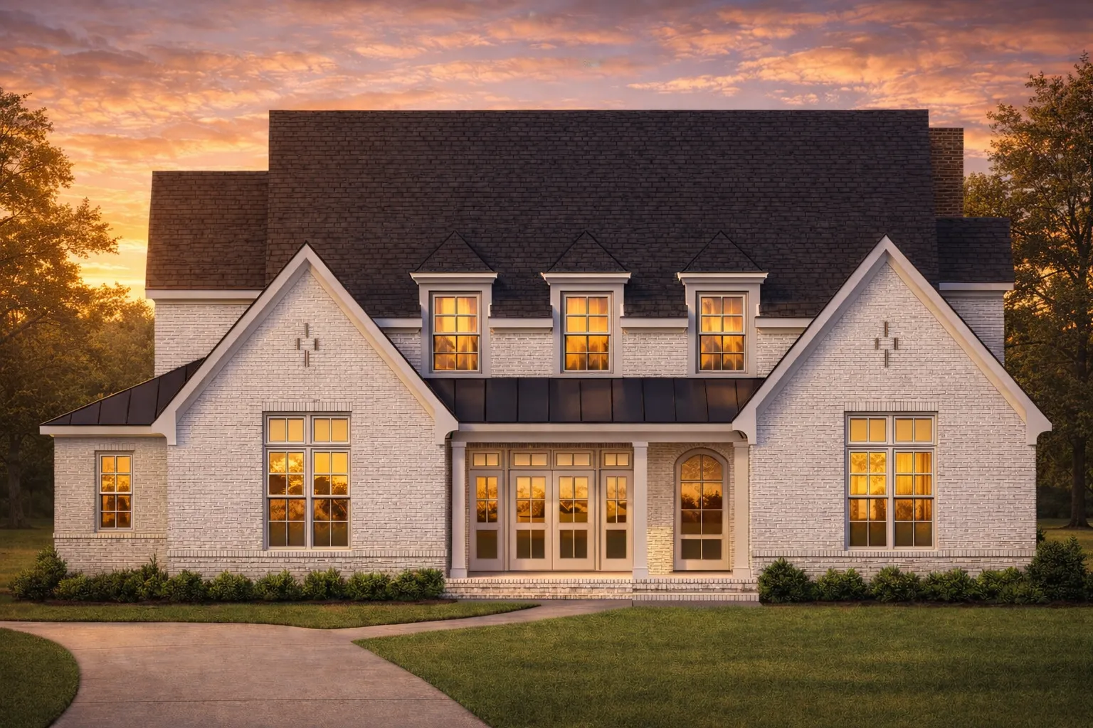 Front elevation of a New American Modern Traditional house with stone accents, lap siding, steep gable roof, and covered porch