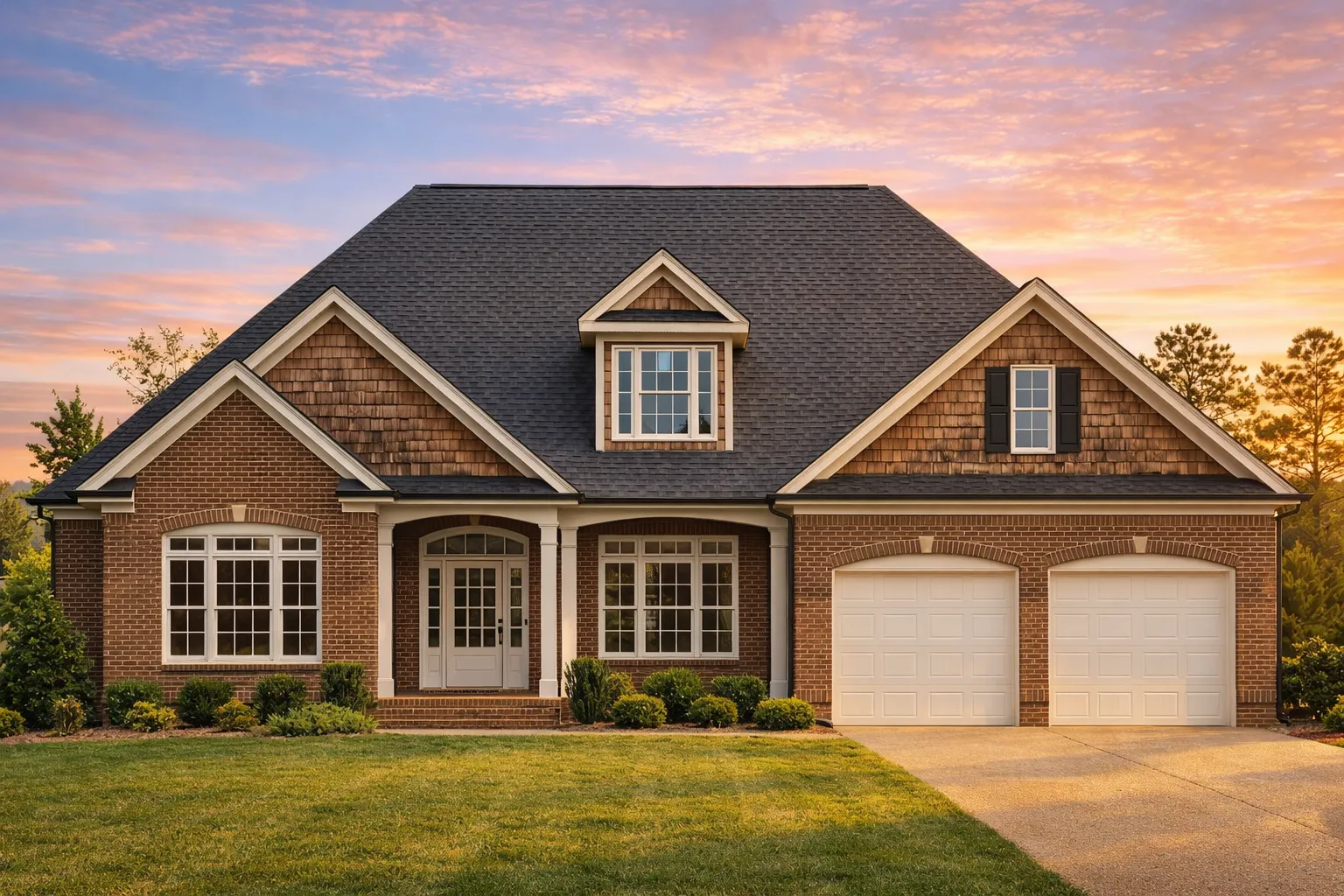 Front elevation of a New American Traditional style house with stone accents, horizontal siding, dormer windows, and a two-car garage