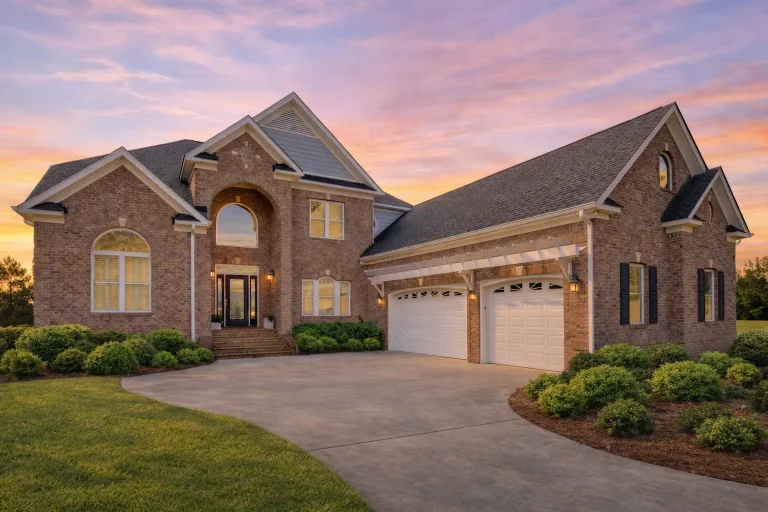 Front exterior view of a Traditional Colonial style brick home with symmetrical windows, arched entryway, and attached garage