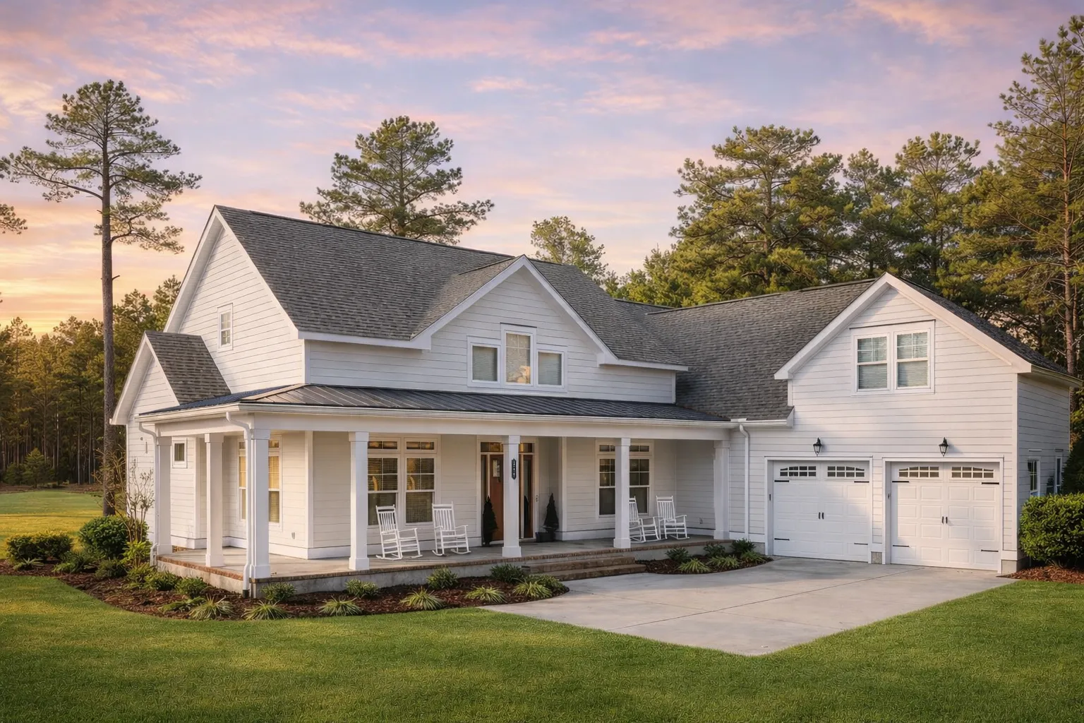 Front elevation of a Modern Farmhouse style home with white board and batten siding, black windows, gabled rooflines, and a wide covered porch