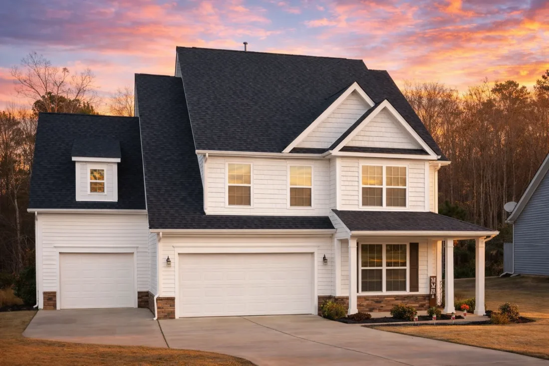 Front elevation of a New American Neo-Colonial style house featuring horizontal siding, stone accents, dormer windows, and an attached garage