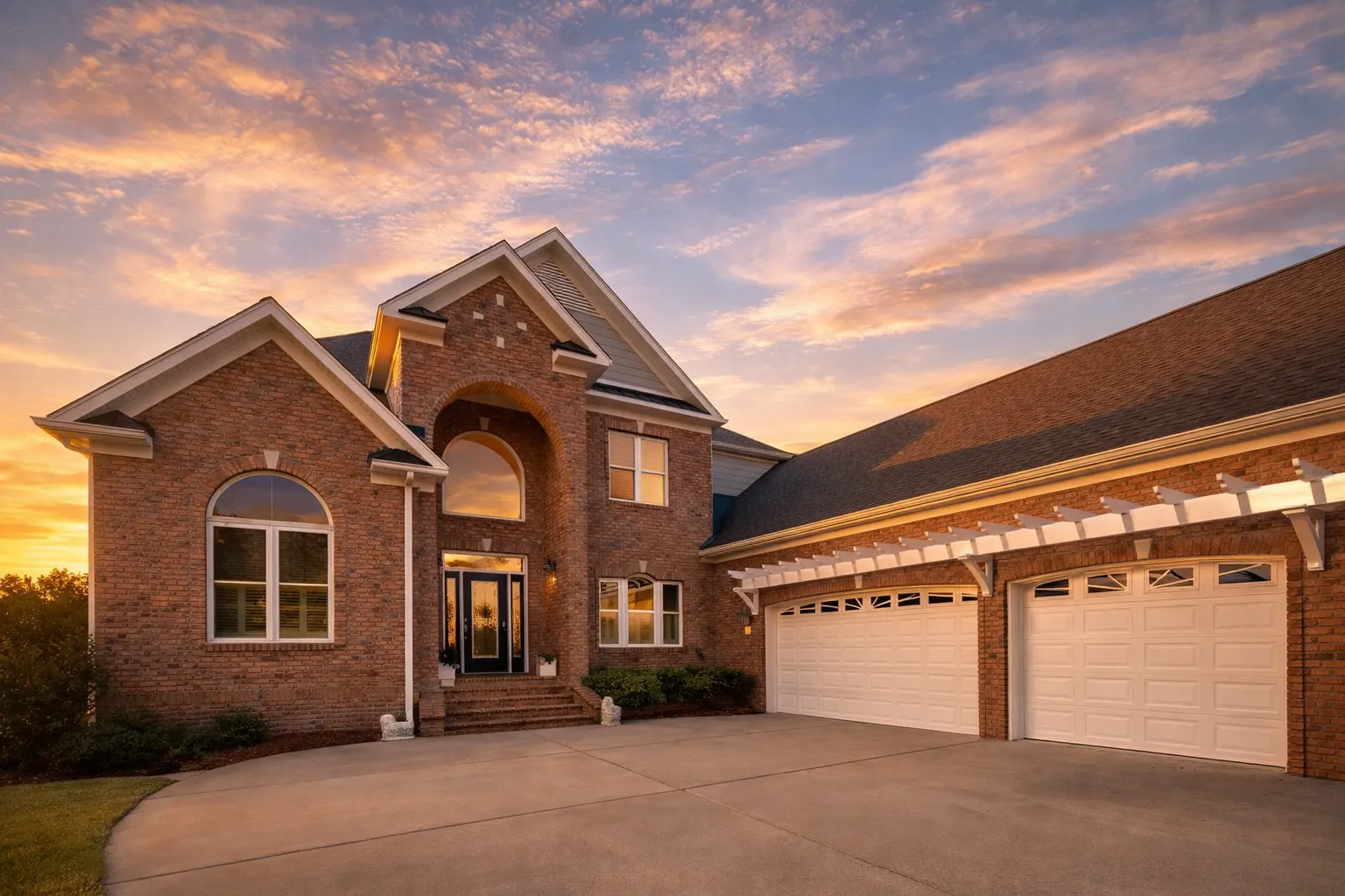 Front exterior view of a Traditional Colonial style brick home with symmetrical windows, arched entryway, and attached garage