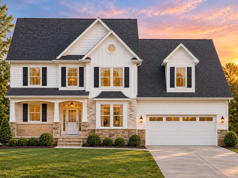Southwestern House Plans 16 Front elevation of a Traditional Colonial style home with horizontal siding, brick accents, symmetrical windows, and an attached two-car garage