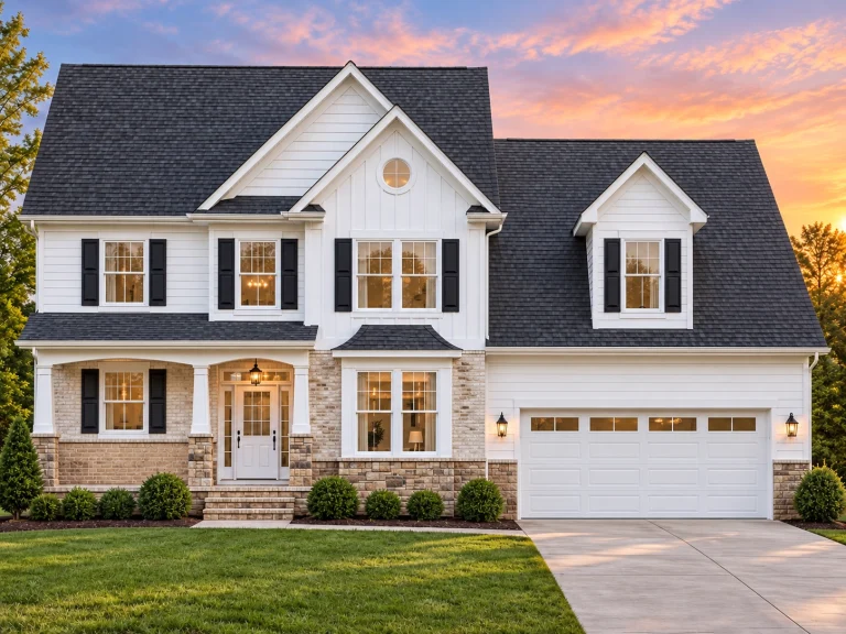 Front elevation of a Traditional Colonial style home with horizontal siding, brick accents, symmetrical windows, and an attached two-car garage