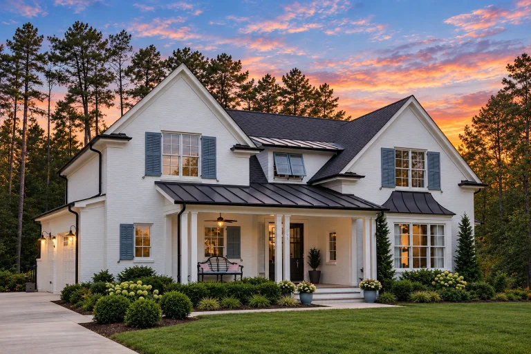 Front elevation of a Traditional Colonial brick home with symmetrical windows, stone foundation accents, and standing seam metal porch roof