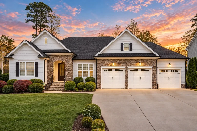 Front elevation of a New American modern traditional house with stone accents, horizontal siding, and a three-car garage