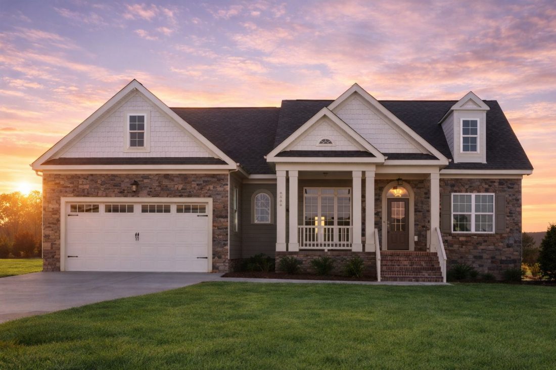 Front elevation of Traditional Colonial style house with horizontal lap siding, symmetrical gables, shutters, and attached two-car garage