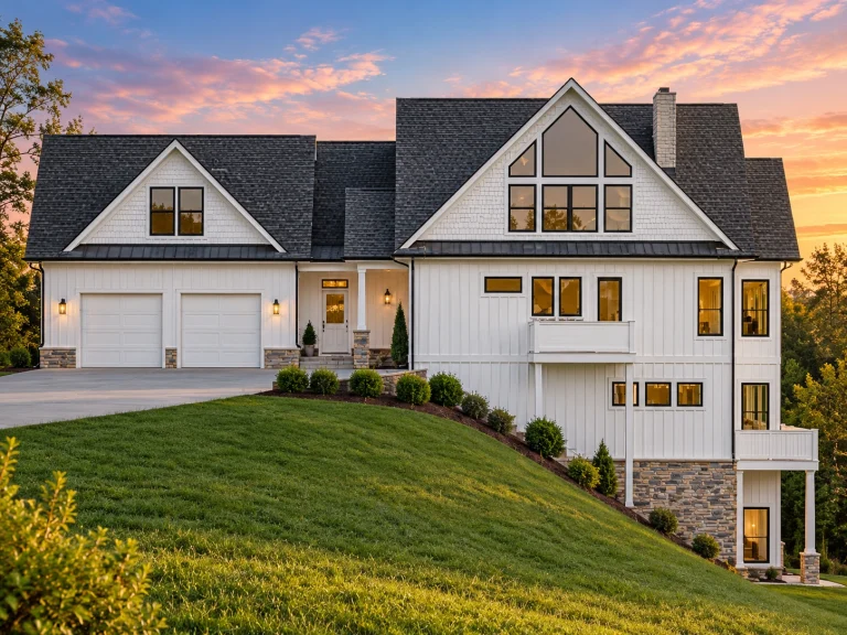 Front elevation of a New American modern traditional home with horizontal lap siding, board-and-batten gables, and a stone-accented covered entry porch