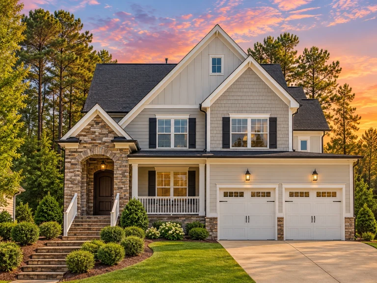 Mid-Size House Plans 15 Front elevation of a Craftsman style house with stone veneer, lap siding, shake accents, covered porch, and double garage