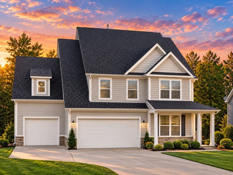 Front elevation of a New American Neo-Colonial style house featuring horizontal siding, stone accents, dormer windows, and an attached garage