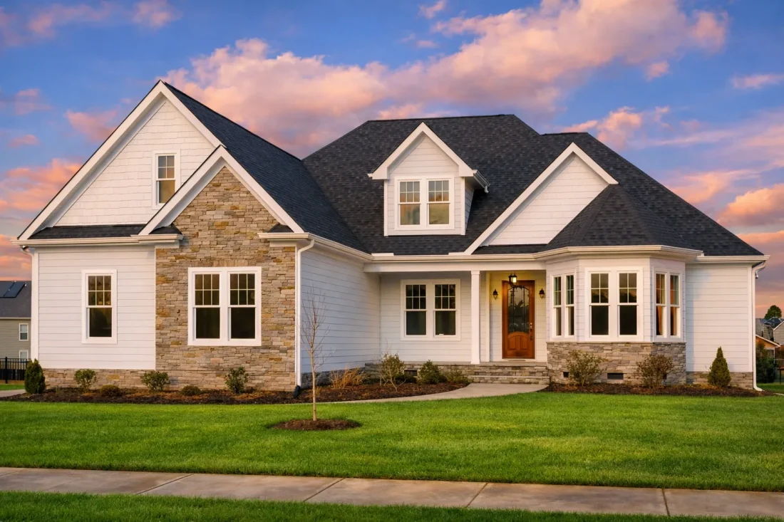 Front elevation of Craftsman New American style house with stone veneer base, white horizontal lap siding, gabled rooflines, and covered entry porch