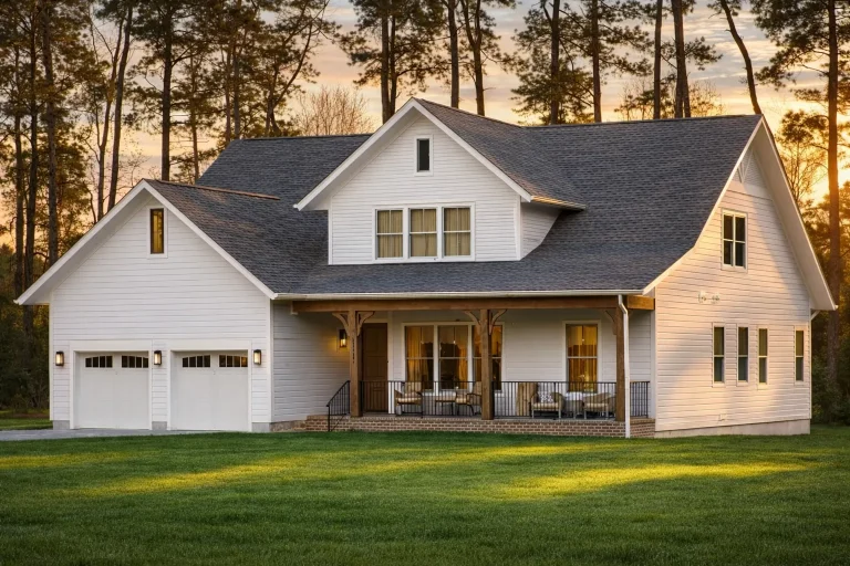 Front elevation of a Modern Farmhouse style home featuring white horizontal siding, board-and-batten accents, brick porch piers, and a welcoming covered front porch