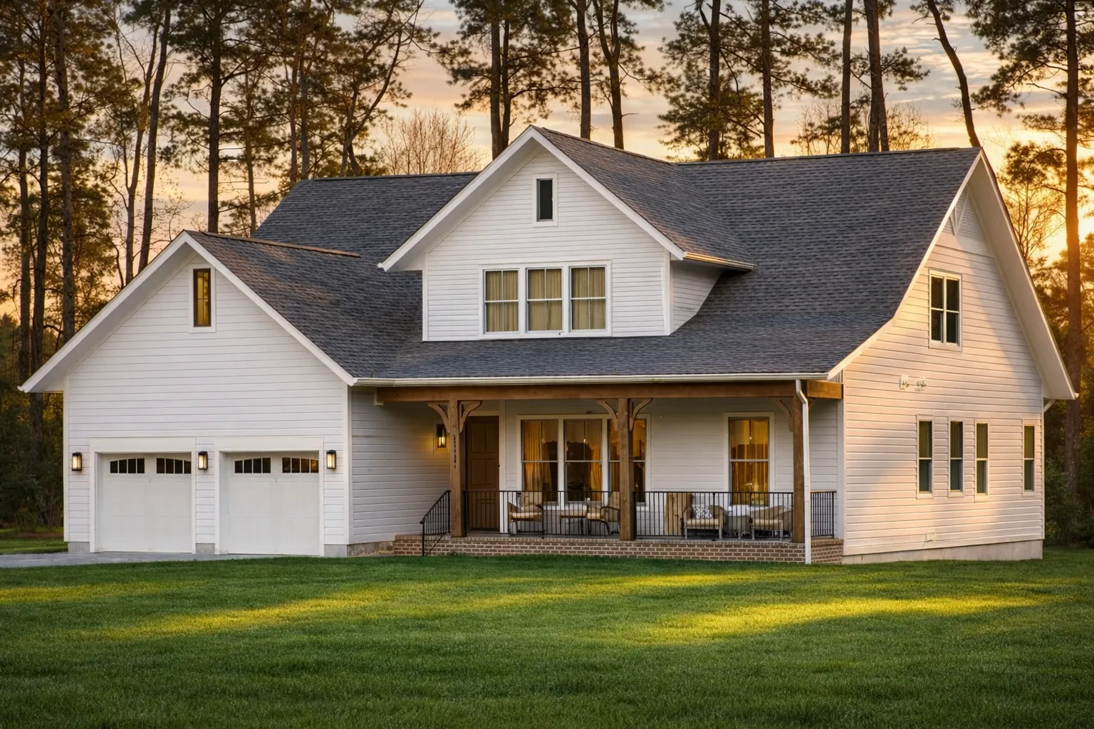 House Plans with Recreation Room 25 Front elevation of a Modern Farmhouse style home featuring white horizontal siding, board-and-batten accents, brick porch piers, and a welcoming covered front porch