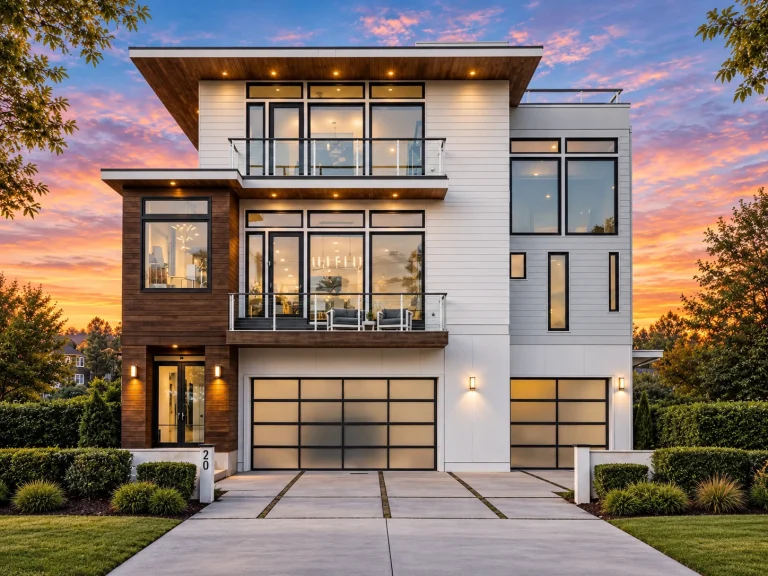 Tudor House Plans 18 Front exterior view of a modern contemporary home with stucco and horizontal siding, glass balcony railings, flat rooflines, and warm interior lighting