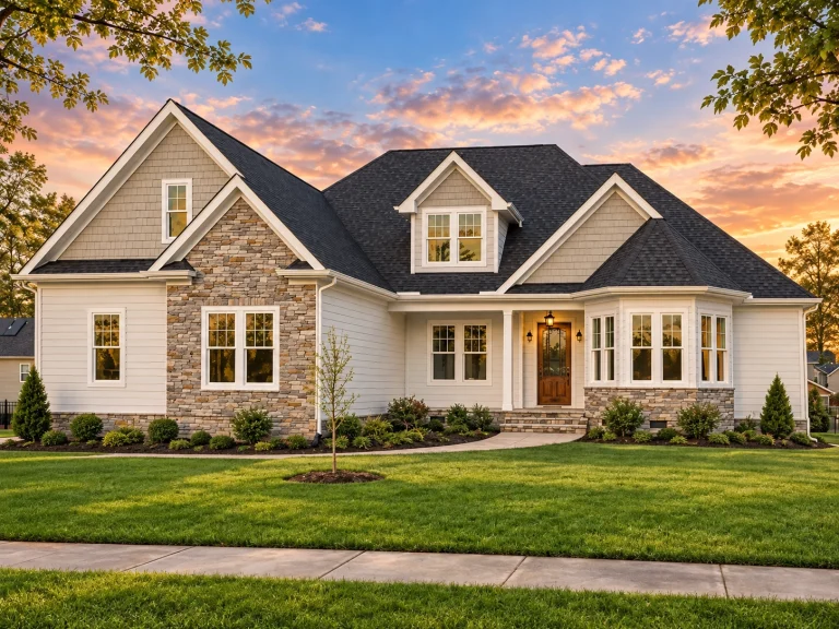 House Plans with Spacious Laundry Room 25 Front elevation of Craftsman New American style house with stone veneer base, white horizontal lap siding, gabled rooflines, and covered entry porch