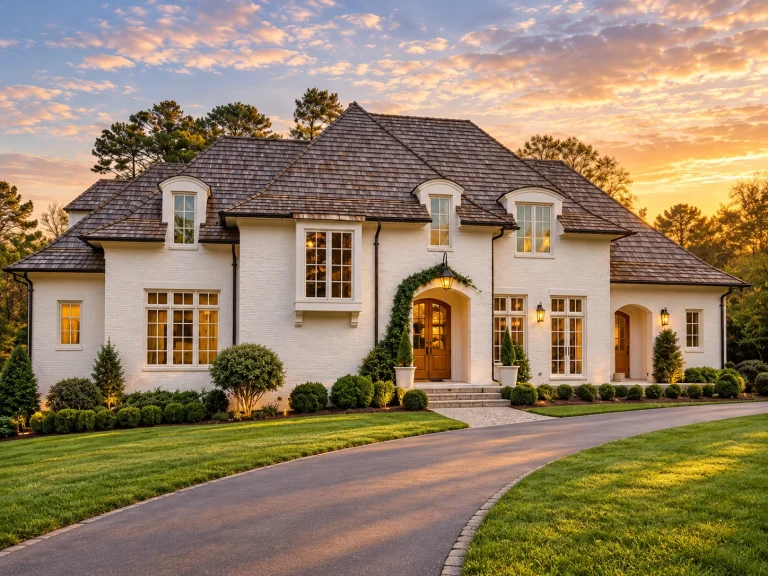 Front exterior of a French Provincial style home featuring smooth stucco, arched entryway, steep hip rooflines, and symmetrical European detailing