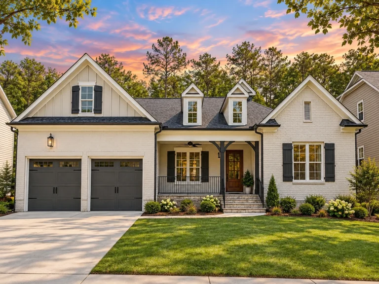 Front elevation of a Modern Farmhouse style home with painted brick exterior, board and batten siding, gabled rooflines, and covered front porch
