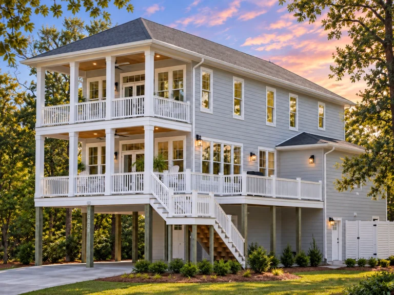 Front exterior view of an elevated Coastal Low Country style home with double stacked porches, horizontal siding, and ground-level garage