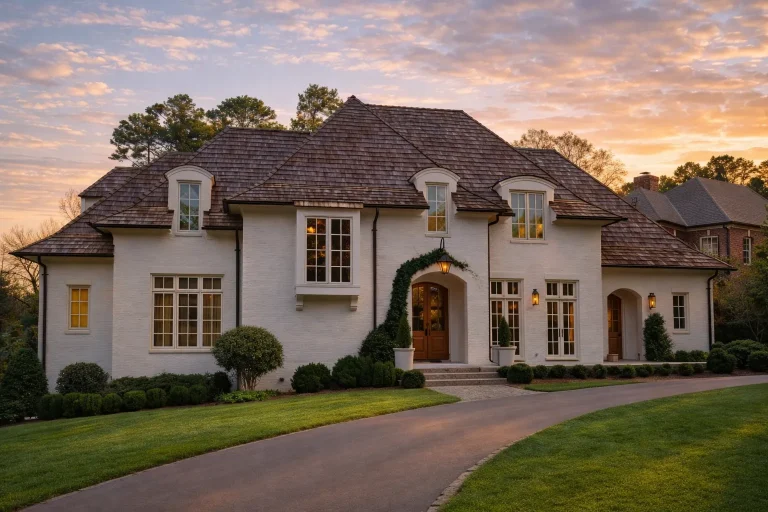 Front exterior of a French Provincial style home featuring smooth stucco, arched entryway, steep hip rooflines, and symmetrical European detailing