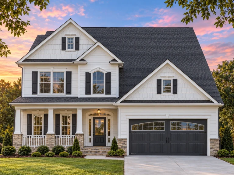 House Plans with Fireplace 12 Front elevation of a Traditional Colonial style home with beige horizontal siding, black shutters, stone base, and a welcoming front porch