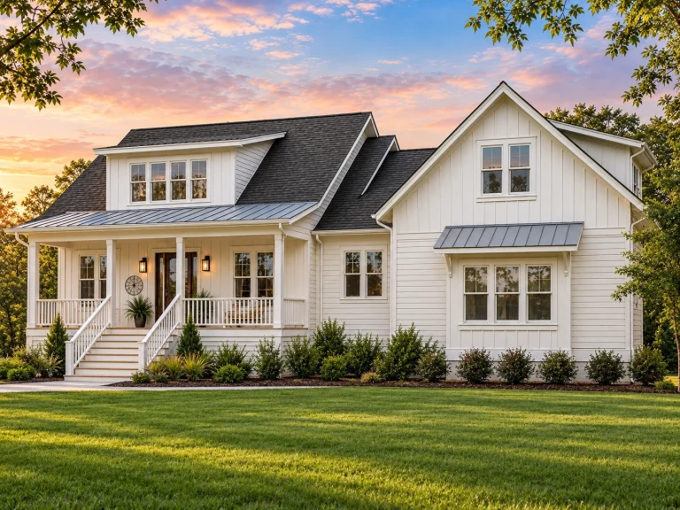 Front elevation of a Coastal Farmhouse style home featuring white board and batten siding, metal porch roof, gabled forms, and a welcoming covered front porch