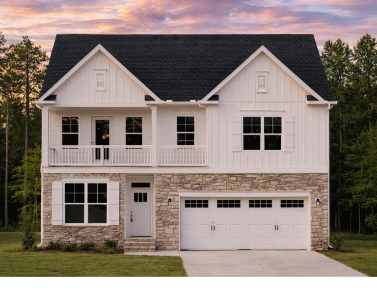Front elevation of a New American coastal traditional home featuring horizontal siding, stone garage base, and an upper-level balcony