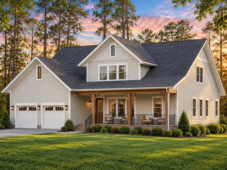Front elevation of a Modern Farmhouse style home featuring white horizontal siding, board-and-batten accents, brick porch piers, and a welcoming covered front porch