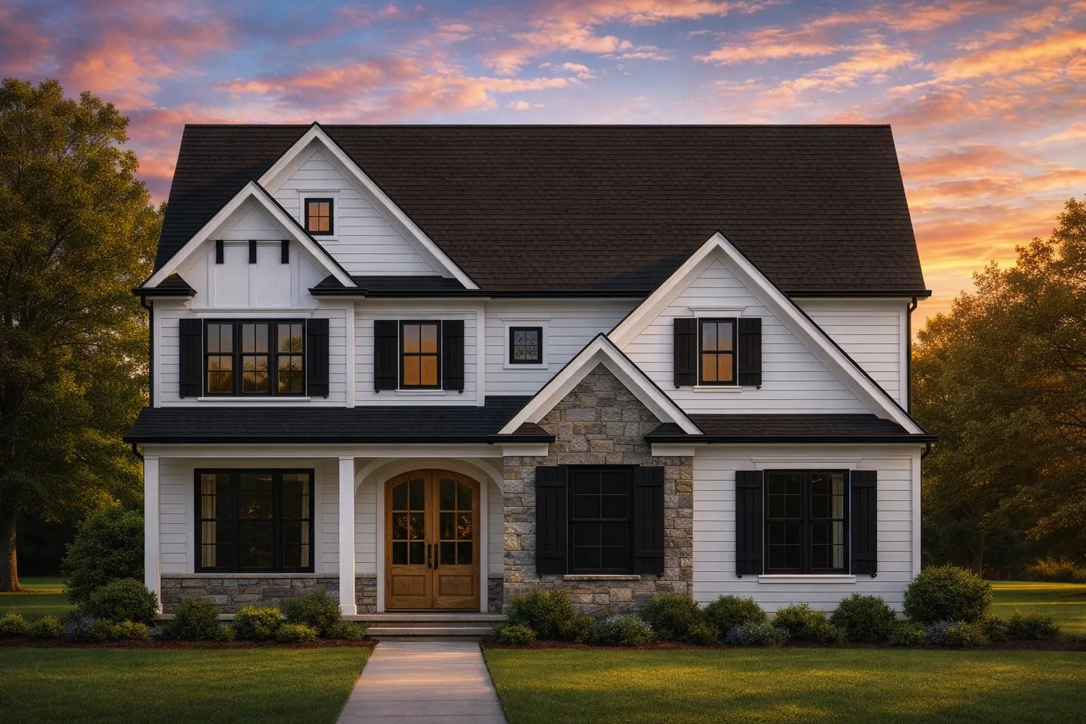 Front elevation of a New American modern traditional house featuring white board and batten siding, stone accents, black windows, and a welcoming covered entry