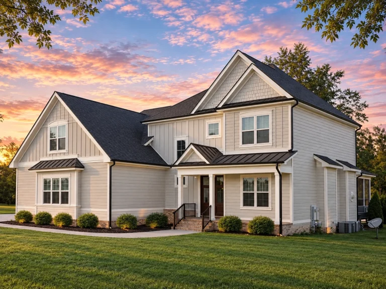 Front elevation of a modern farmhouse style home with white board and batten siding, stone foundation accents, black windows, and a steep gabled roof
