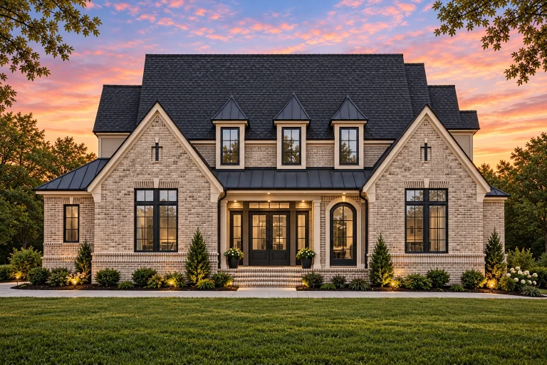 Front elevation of Modern Farmhouse home with board and batten siding, stone veneer, gabled rooflines, and covered front porch