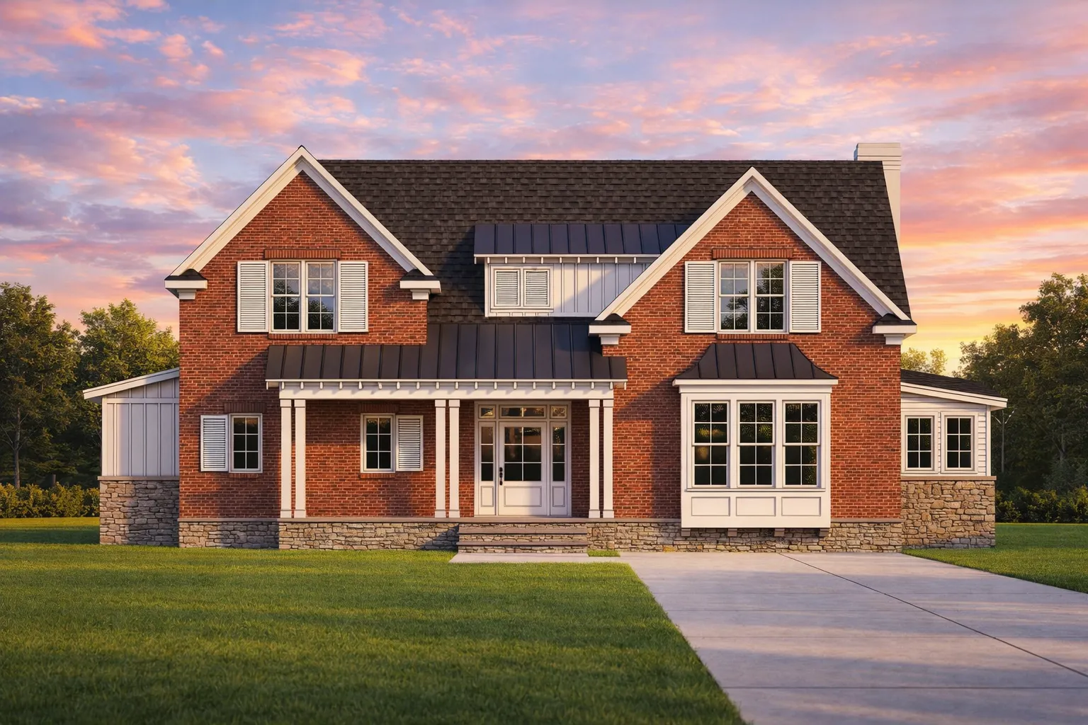 House Plans with Basement 8 Front elevation of a Traditional Colonial brick home with symmetrical windows, stone foundation accents, and standing seam metal porch roof