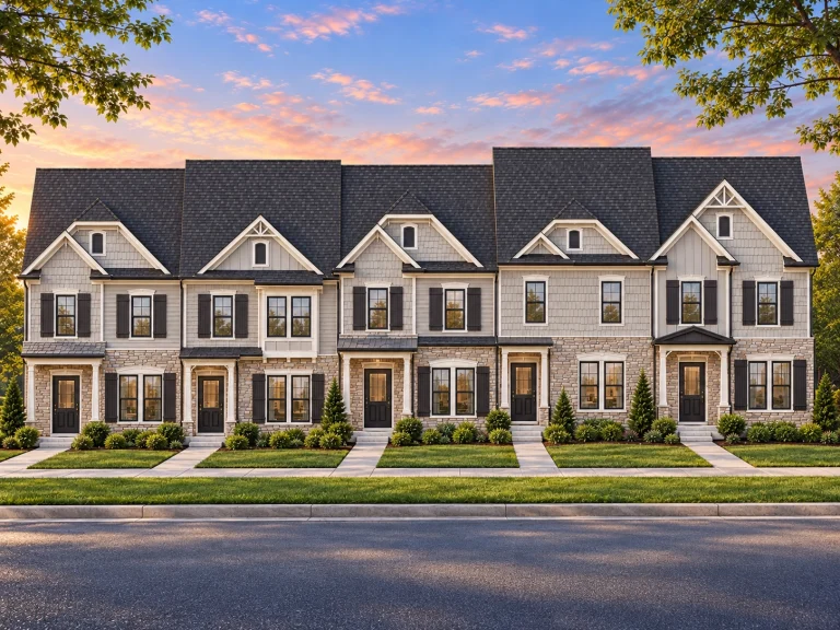 Traditional Ranch House Plans 2 Front elevation of a Transitional Townhouse featuring Traditional Colonial architecture, board and batten siding, stone accents, and symmetrical multi-unit design