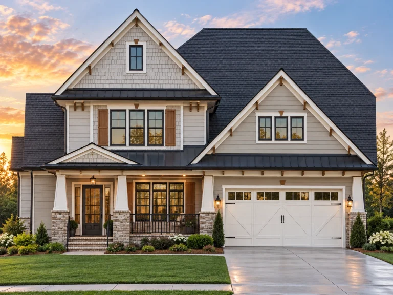 Tandem Garage Plans 20 Front view of a Modern Farmhouse style home featuring horizontal siding, stone accents, and board-and-batten gable details for timeless curb appeal