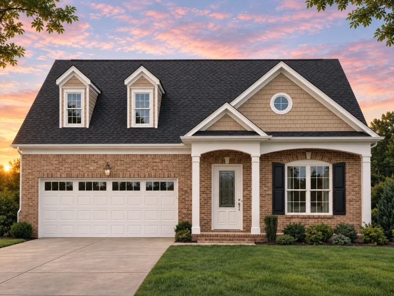 Front view of a Traditional Suburban style house featuring brick and siding exterior, dormers, and a covered porch