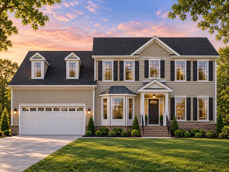 Cottage House Plans 14 Front exterior view of a Traditional Colonial style home with horizontal siding, symmetrical windows, central entry porch, and attached two-car garage