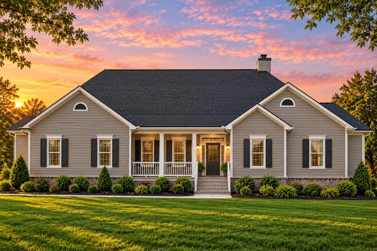 Front elevation of a Traditional Ranch style home featuring light horizontal siding, brick foundation, symmetrical windows with shutters, and a welcoming covered porch.