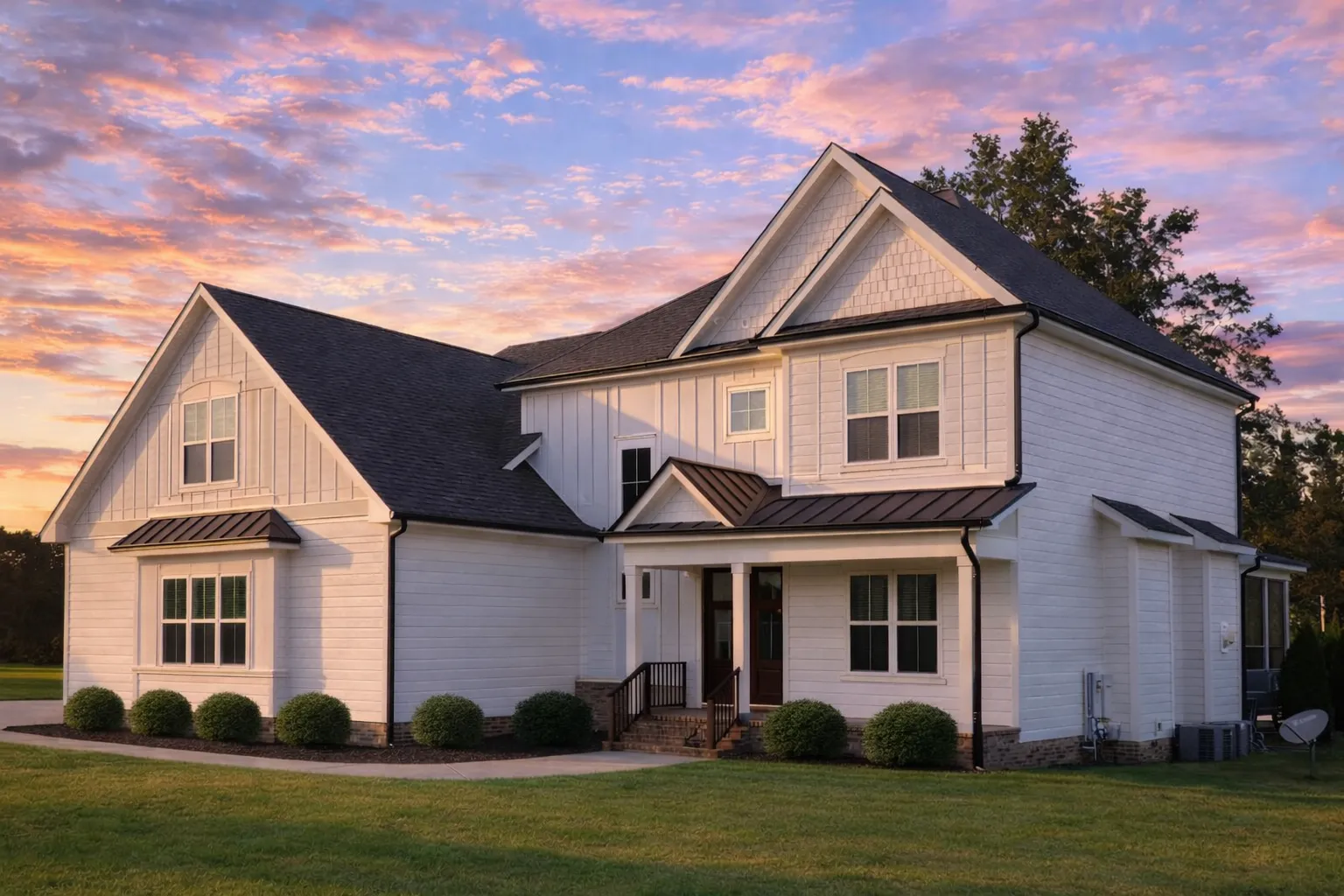 Front elevation of a modern farmhouse style home with white board and batten siding, stone foundation accents, black windows, and a steep gabled roof