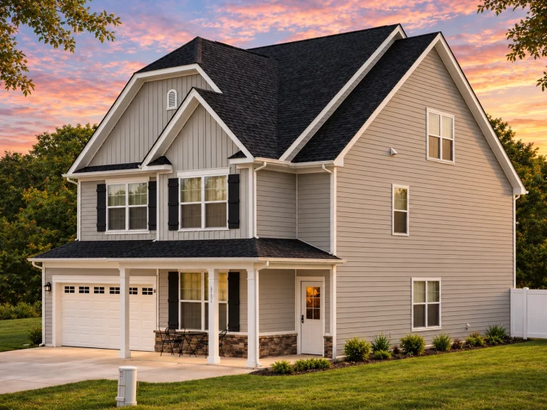Front exterior view of a New American style two-story home with horizontal siding, board and batten gables, covered front porch, and attached garage