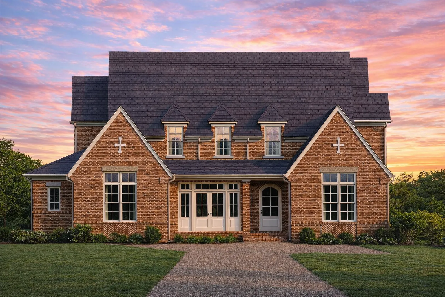 Front elevation of Modern Farmhouse home with board and batten siding, stone veneer, gabled rooflines, and covered front porch