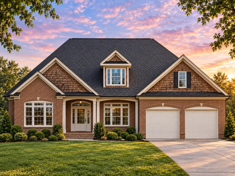Front elevation of a New American Traditional style house with stone accents, horizontal siding, dormer windows, and a two-car garage