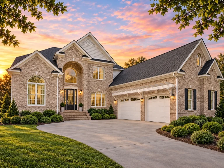 House Plans with Outdoor Kitchen 9 Front exterior view of a Traditional Colonial style brick home with symmetrical windows, arched entryway, and attached garage