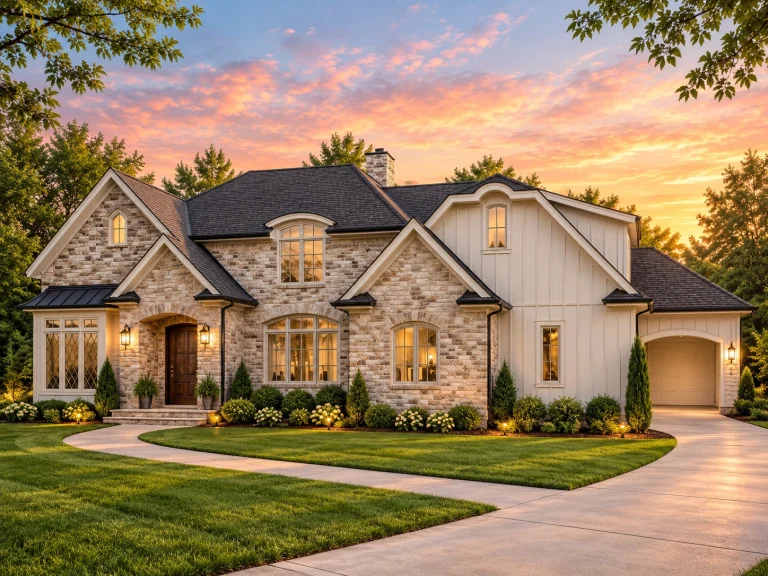 House Plans with Bedrooms on Upper Floor 8 Front exterior view of a Traditional Tudor Revival style home with brick façade, board and batten siding, steep gables, and side-entry garage