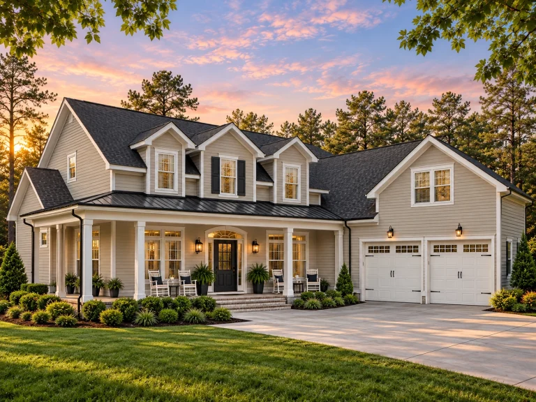 Front elevation of a Modern Farmhouse style home with white board and batten siding, black windows, gabled rooflines, and a wide covered porch