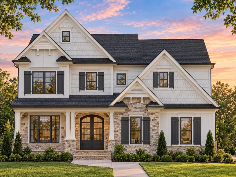 Front elevation of a New American modern traditional house featuring white board and batten siding, stone accents, black windows, and a welcoming covered entry