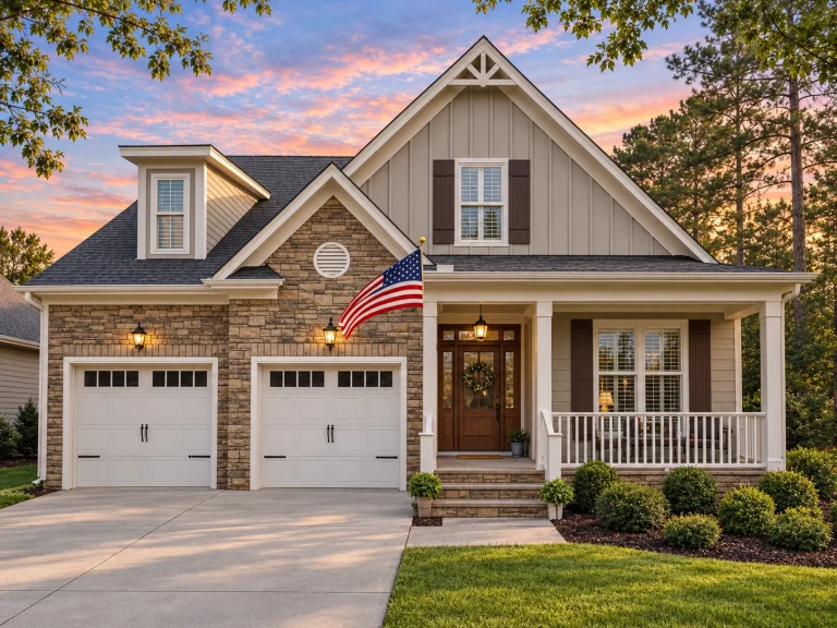 Front elevation of a Traditional Craftsman style home featuring stone accents, board-and-batten siding, horizontal lap siding, and a welcoming covered front porch