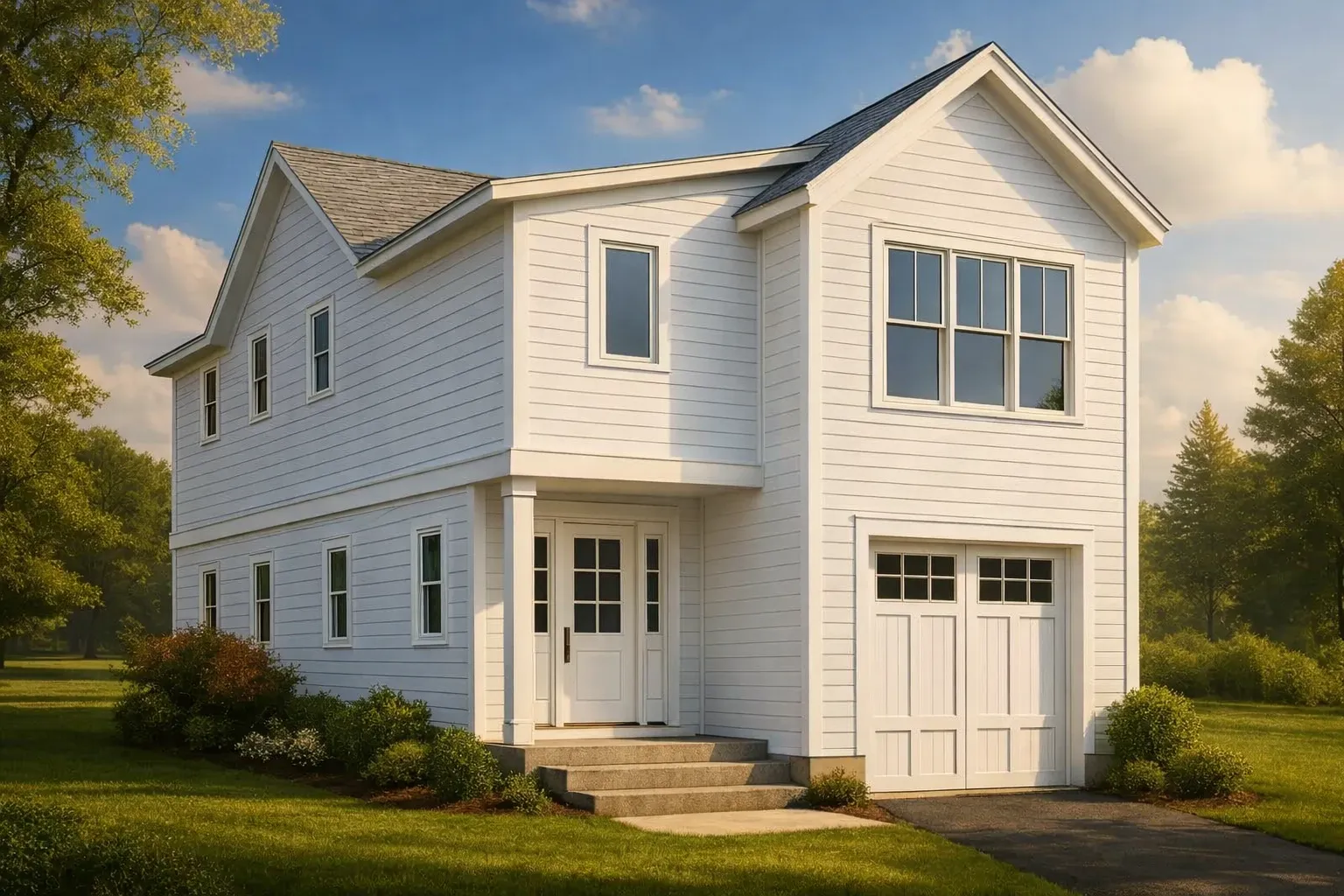 Front view of a New American Transitional two-story house with lap siding, gable rooflines, and an attached 1-car garage