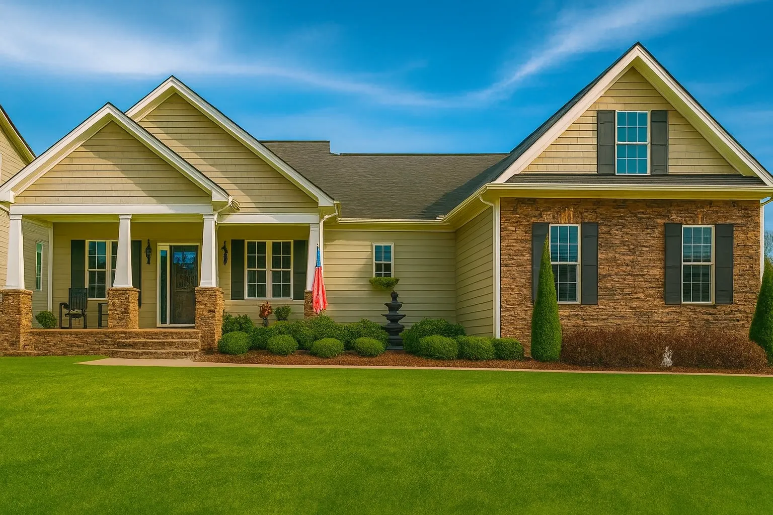 Front elevation of a Traditional Ranch style home featuring brick accents, horizontal siding, board-and-batten details, and a covered front porch
